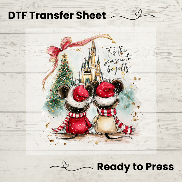 Holiday Couple Mouse Castle DTF Transfer | Christmas Tree & Winter Castle Design | Ready to Press