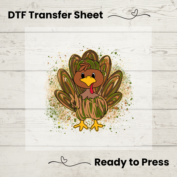 Camo Thanksgiving Turkey DTF Transfer Sheet: Ready to Press