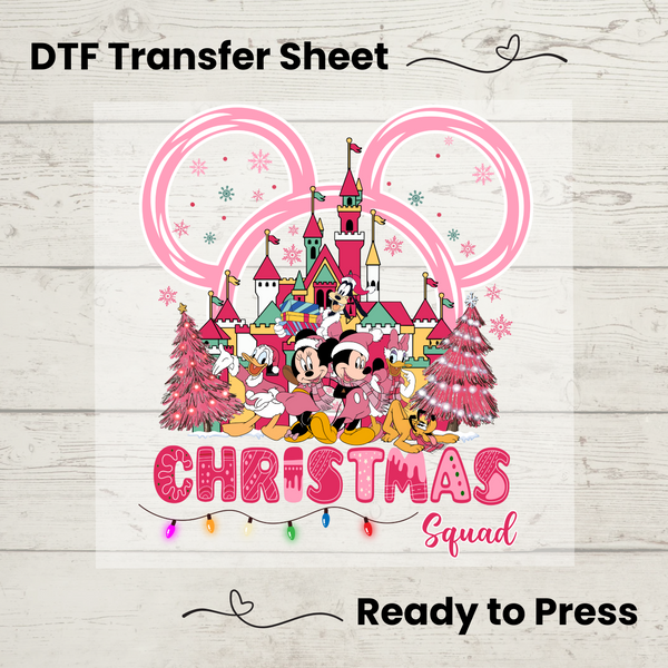 Mickey and Friends Pink Christmas Squad DTF, Walt Disney World Transfer Sheet, Ready to Press, Custom Dtf, Diy Heat Transfer, T-Shirt Transfer, Disney Trip Shirt, DIY Craft, Mickey and Friends Christmas Squad