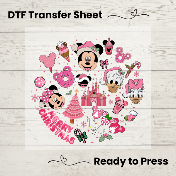 Mickey and Friends Pink Christma DTF, Walt Disney World Transfer Sheet, Ready to Press, Custom Dtf, Diy Heat Transfer, T-Shirt Transfer, Disney Trip Shirt, DIY Craft, Mickey and Friends Christmas