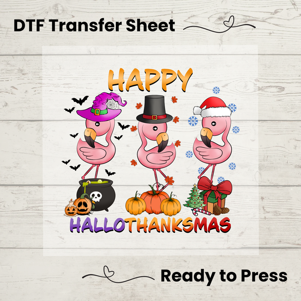 Hallowthanksmas Flamingo DTF Transfer Sheet: Fall, Halloween, Christmas
