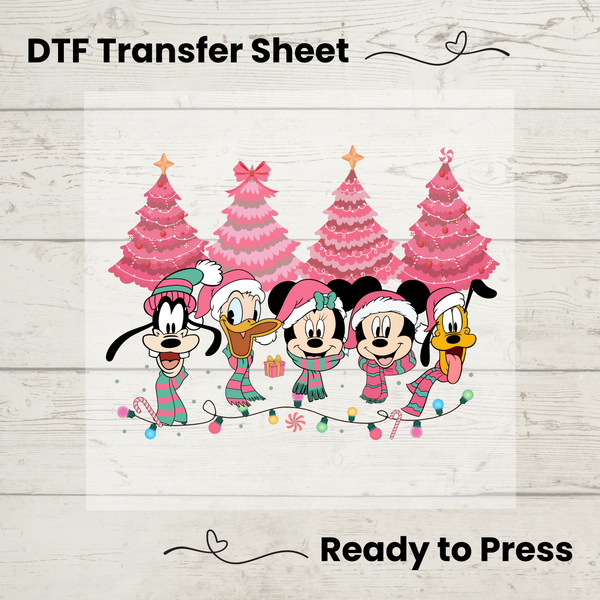 Mickey and Friends Pink Christma DTF, Walt Disney World Transfer Sheet, Ready to Press, Custom Dtf, Diy Heat Transfer, T-Shirt Transfer, Disney Trip Shirt, DIY Craft, Mickey and Friends Christmas
