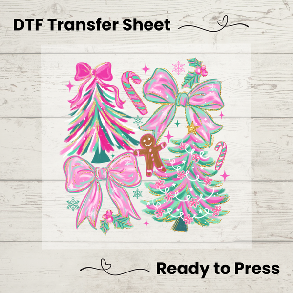 Christmas Coquette Tree DTF Transfer Sheet: Pink Bows