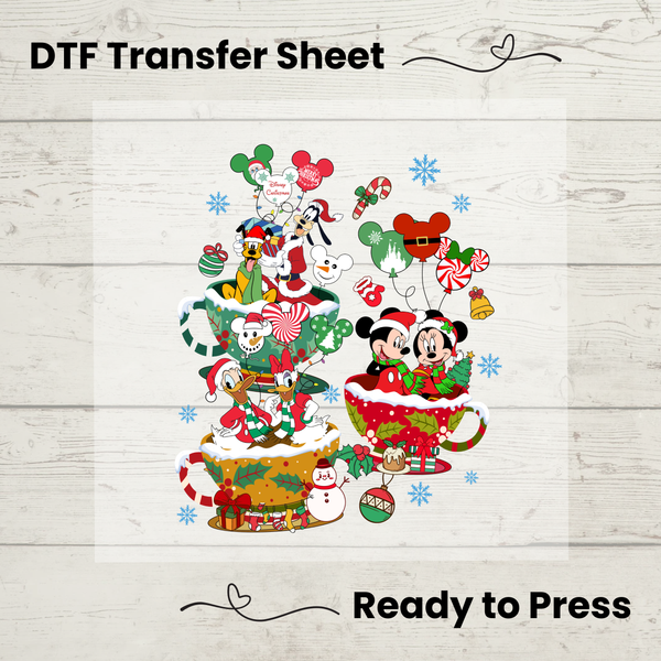 Mickey and Friends Christmas Teacups  DTF, Walt Disney World Transfer Sheet, Ready to Press, Custom Dtf, Diy Heat Transfer, T-Shirt Transfer, Disney Trip Shirt, DIY Craft, Mickey and Friends Christmas