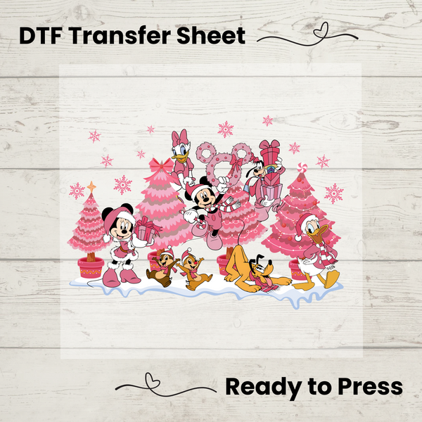 Mickey and Friends Pink Christmas DTF, Walt Disney World Transfer Sheet, Ready to Press, Custom Dtf, Diy Heat Transfer, T-Shirt Transfer, Disney Trip Shirt, DIY Craft, Mickey and Friends