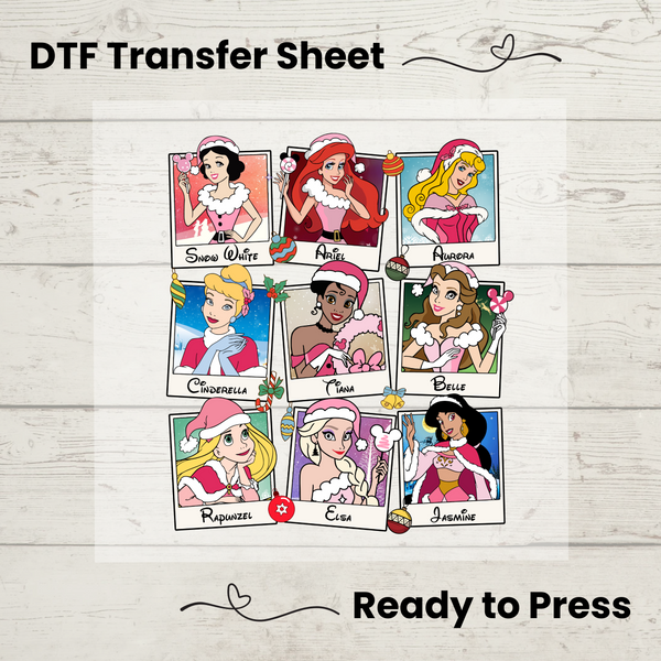 Disney Princess Pink Christmas DTF, Walt Disney World Transfer Sheet, Ready to Press, Custom Dtf, Diy Heat Transfer, T-Shirt Transfer, Disney Trip Shirt, DIY Craft, Disney Princess Christmas