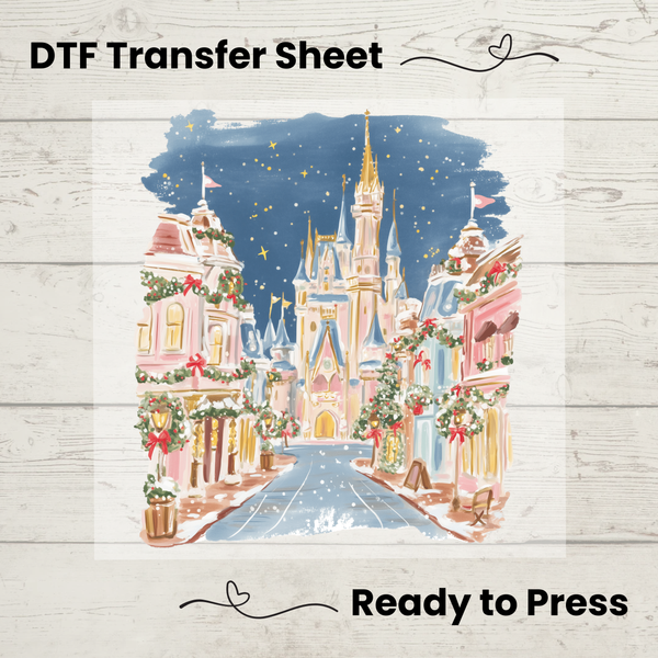 Magical Christmas Castle DTF Transfer, Holiday Winter Village Design, Ready to Press