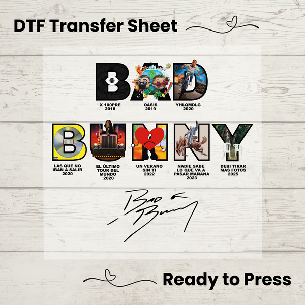 Bad Bunny Albums DTF Transfer Sheet, Discography, DTMF, NSLQVPM, X100pre