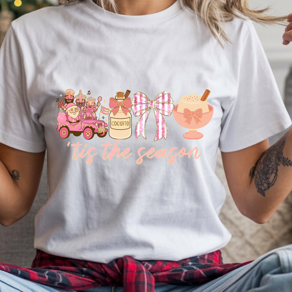 Puerto Rico Christmas Shirt – Pastel Pink ’Tis the Season Tee | Boricua Holiday Coquito & Parranda Design