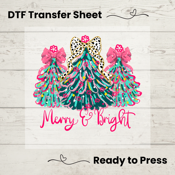 Merry & Bright Christmas Tree DTF Transfer Sheet: Ready to Press