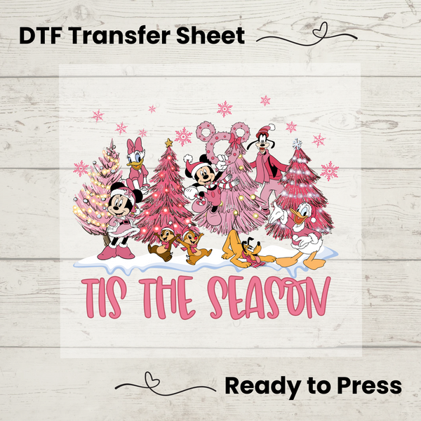 Mickey and Friends Pink Christmas DTF, Walt Disney World Transfer Sheet, Ready to Press, Custom Dtf, Diy Heat Transfer, T-Shirt Transfer, Disney Trip Shirt, DIY Craft, Mickey and Friends Christmas