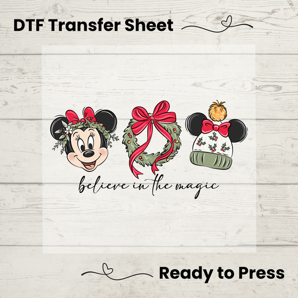 Believe in the Magic Holiday Mouse Ears DTF Transfer | Christmas Bow & Wreath Design | Ready to Press