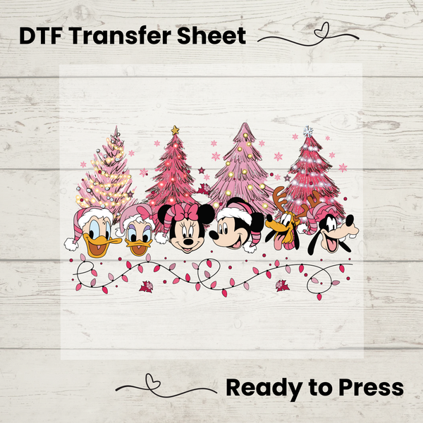 Mickey and Friends Pink Christmas DTF, Walt Disney World Transfer Sheet, Ready to Press, Custom Dtf, Diy Heat Transfer, T-Shirt Transfer, Disney Trip Shirt, DIY Craft, Mickey and Friends Christmas