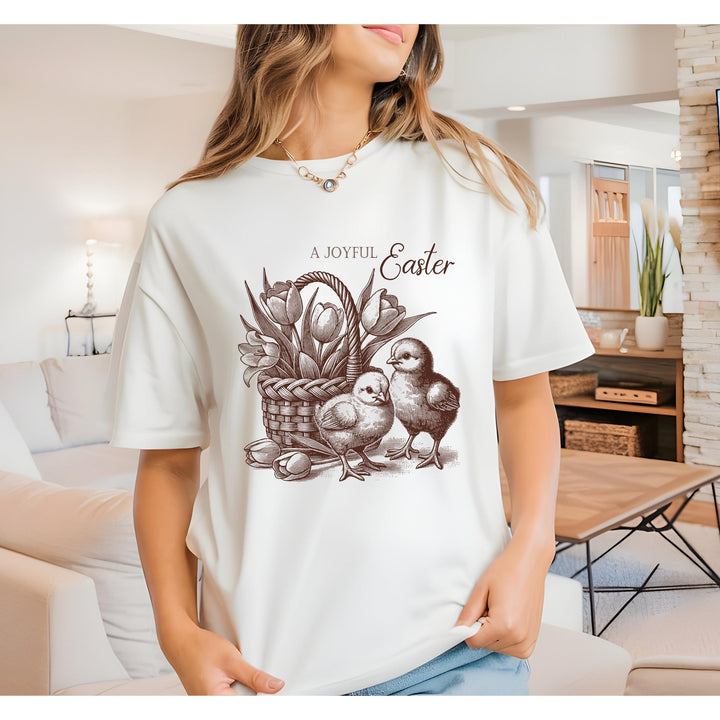 Beautifully illustrated black-and-white Easter design featuring baby chicks, tulips, and classic script text.