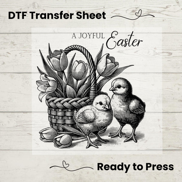 Beautifully illustrated black-and-white Easter design featuring baby chicks, tulips, and classic script text.