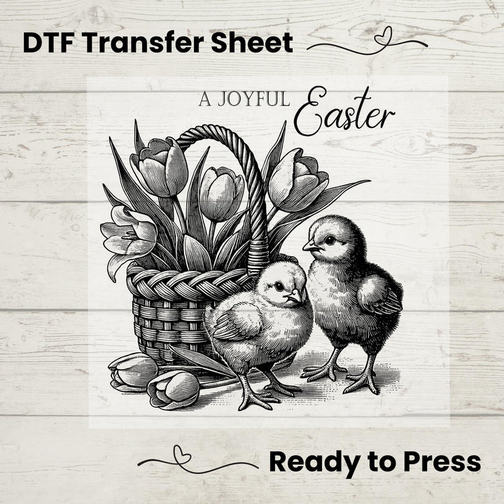 Beautifully illustrated black-and-white Easter design featuring baby chicks, tulips, and classic script text.