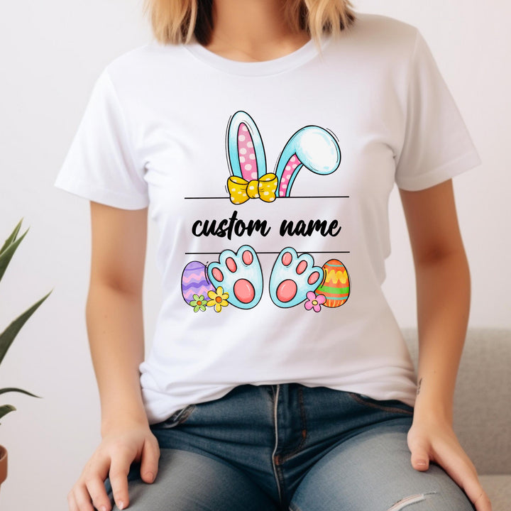 High-quality personalized Easter heat transfer with bunny ears, eggs, and a yellow polka-dot bow, perfect for custom t-shirts
