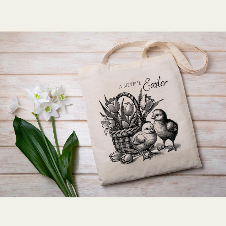 Classic vintage-style artwork featuring detailed baby chicks, tulips, and "A Joyful Easter" typography.