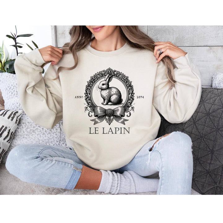 Elegant black-and-white rabbit illustration inside an ornate frame, designed for vintage and cottagecore fashion.