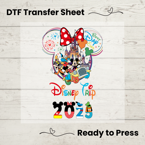 Disney Family Vacation 2025 DTF Transfer – Ready-to-press Minnie Ears heat transfer for DIY vacation shirts.
