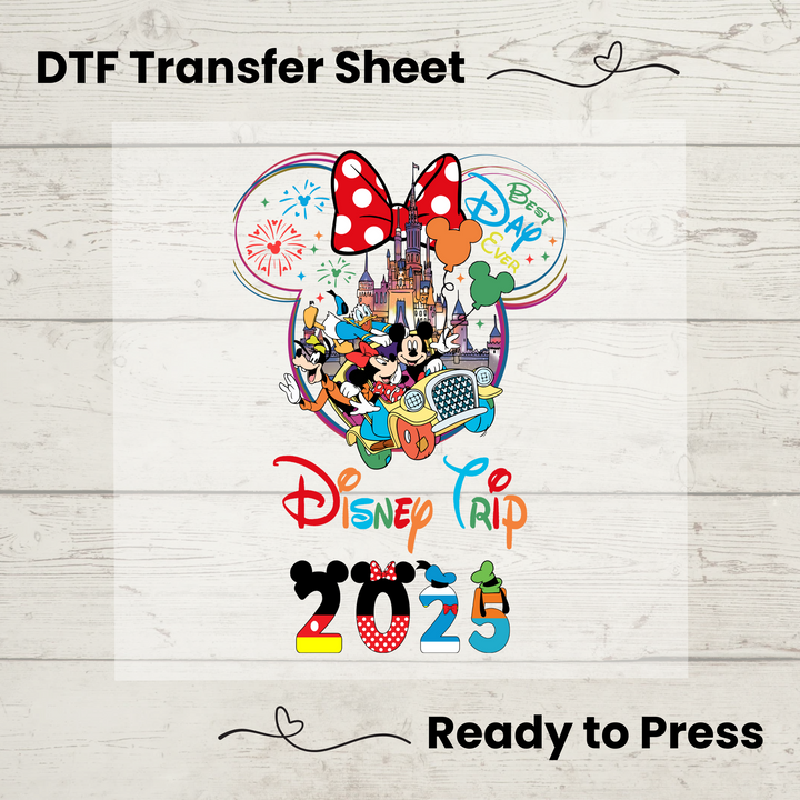 Disney Family Vacation 2025 DTF Transfer – Ready-to-press Minnie Ears heat transfer for DIY vacation shirts.