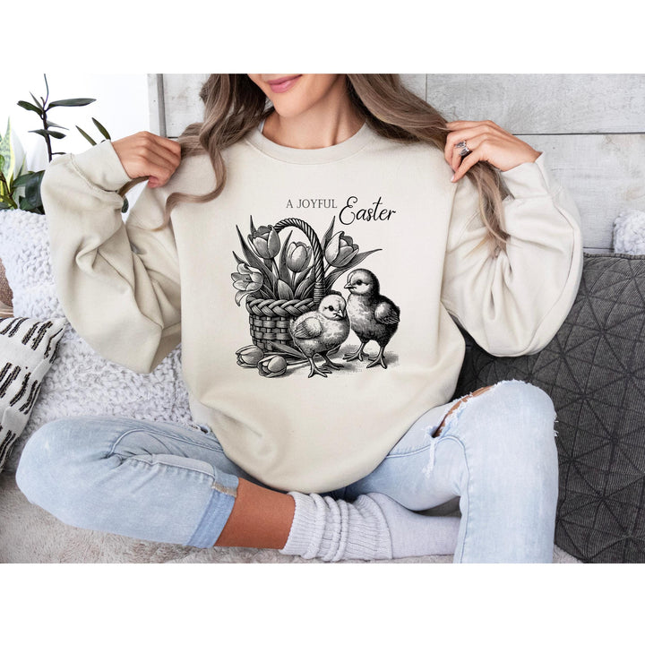 Elegant Easter DTF transfer featuring two baby chicks, a tulip basket, and hand-drawn floral details for rustic apparel.