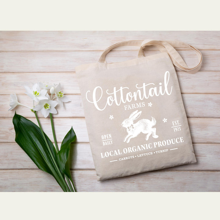Elegant farmhouse-inspired "Cottontail Farms" DTF transfer for DIY t-shirts, tote bags, and aprons.