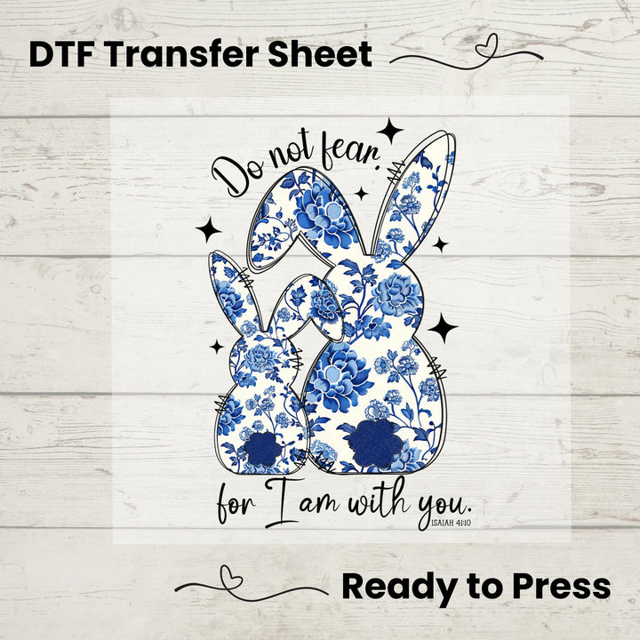 Elegant blue floral Chinoiserie bunny heat transfer with Isaiah 41:10 scripture, ideal for Christian gifts.