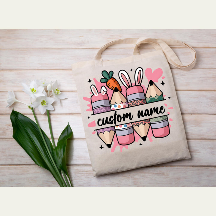 Personalized teacher Easter heat transfer with cute bunny pencils, perfect for school staff and educators.