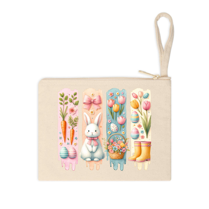 Easter-themed DTF print featuring bunny, eggs, basket of flowers, bow, and rain boots illustrations.