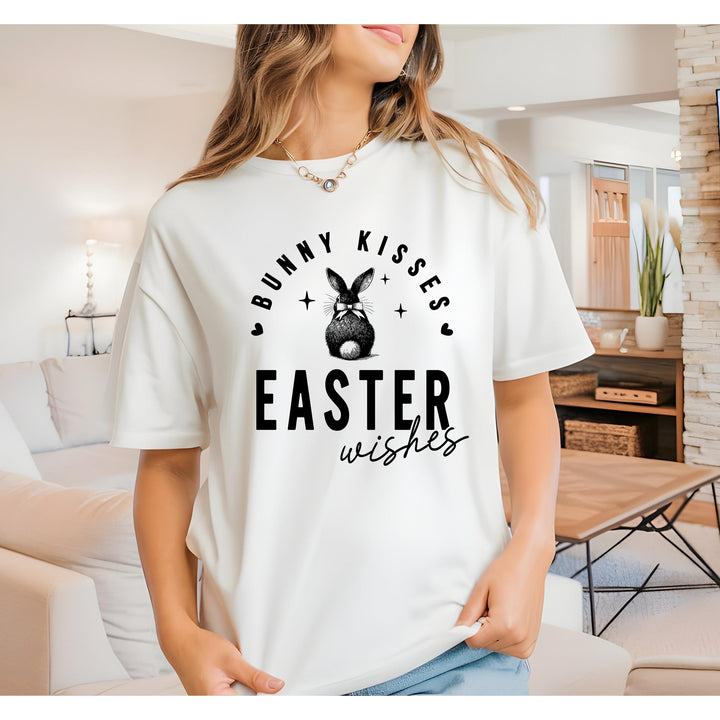 DTF Transfer featuring a rustic bunny sketch with "Bunny Kisses Easter Wishes" typography – perfect for Easter apparel.