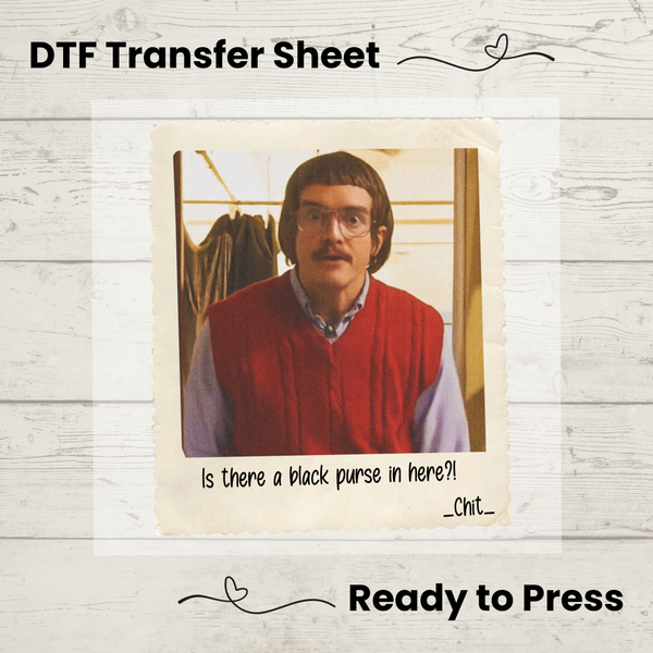 DTF transfer sheet with a printed image of a person wearing a red vest and text