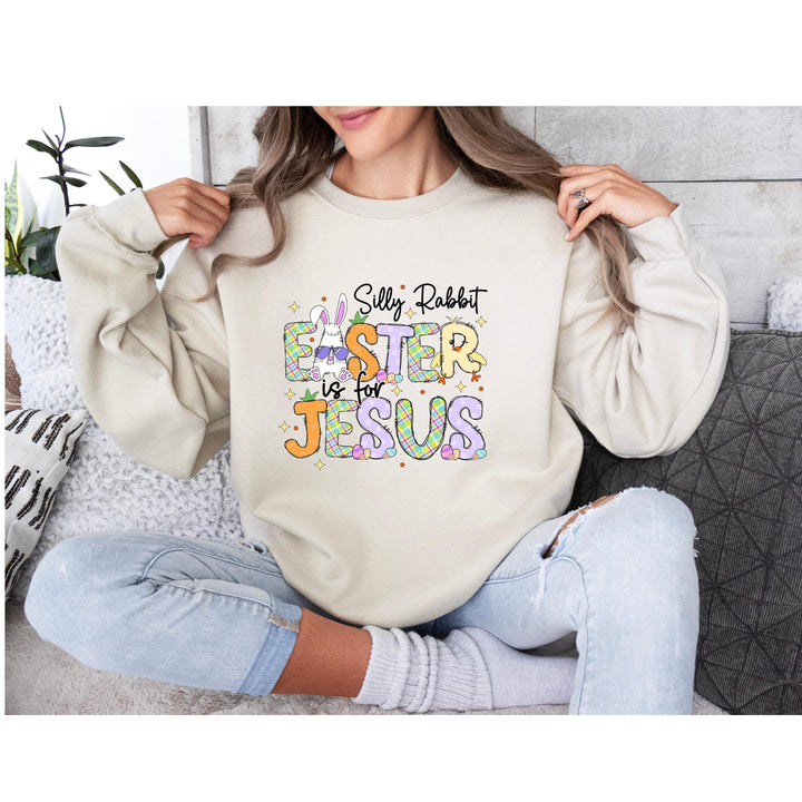 Faith-based 'Easter Is for Jesus' heat transfer with pastel colors, plaid patterns, and a cute bunny-themed design
