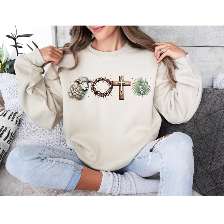 Meaningful, ready-to-press DTF design showing lamb, cross, crown, and palm leaf for Easter.