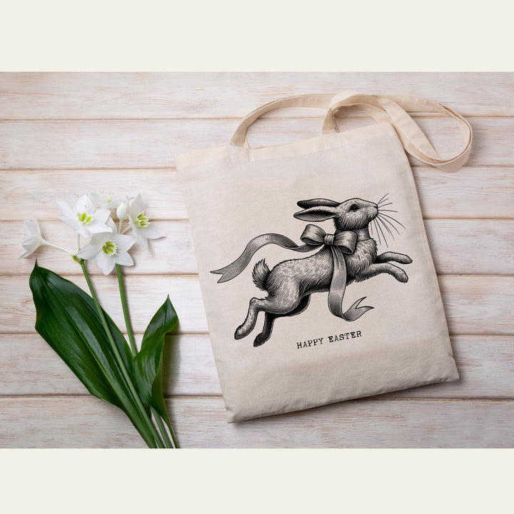 Elegant retro Easter bunny print in vintage style, perfect for tote bags, aprons, and gifts.