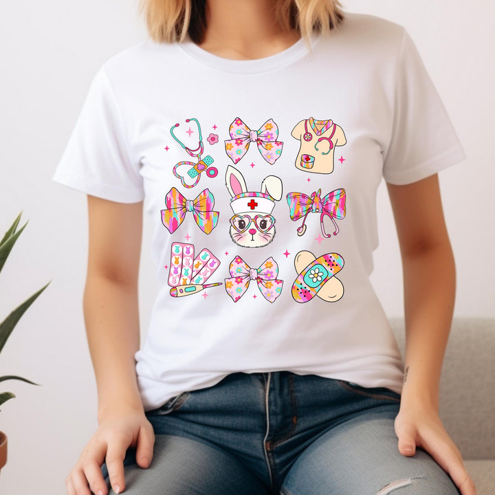 Medical-inspired Easter heat transfer with colorful bandages, nurse bunny, stethoscope, and spring bows, perfect for healthcare teams.