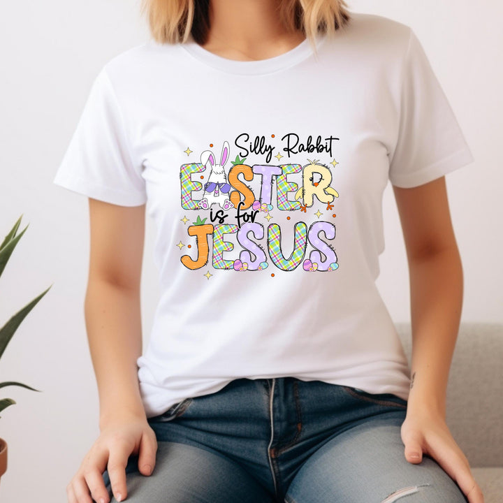 High-quality Easter heat transfer with plaid lettering, bunny ears, and a Jesus-centered design for Christian apparel.