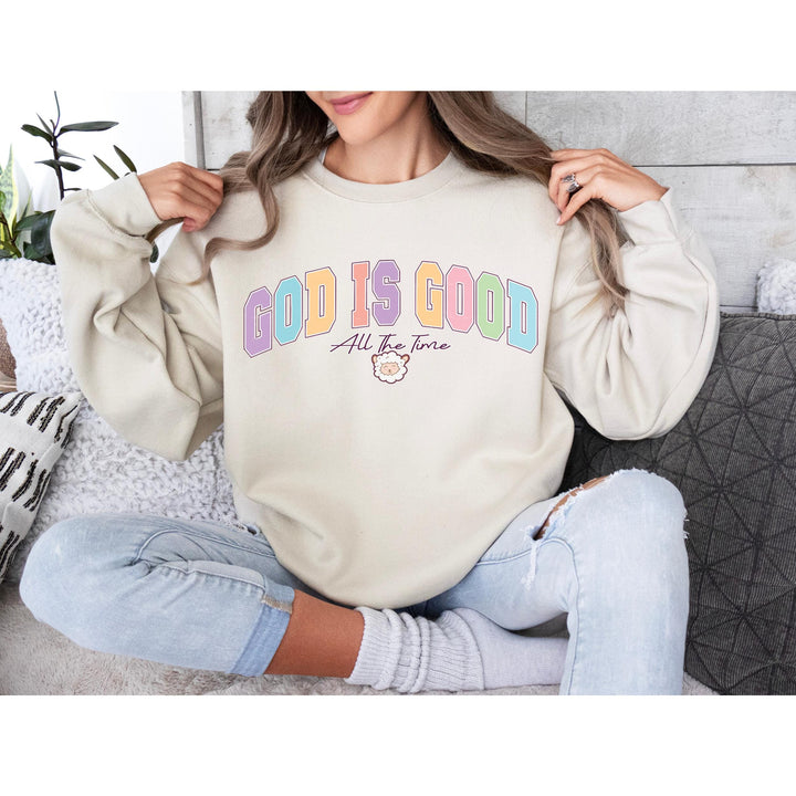 A cheerful and inspirational Christian DTF transfer featuring bold pastel block letters and an adorable lamb.

