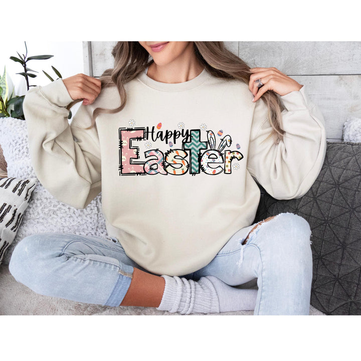Easter-themed DTF transfer with a mix of pastel colors, zigzags, polka dots, and bunny-themed details.