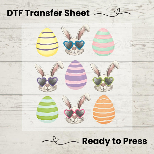 Coquette Easter Bunny Egg DTF heat transfer featuring pastel-striped eggs and stylish bunnies in sunglasses, ready to press on t-shirts.