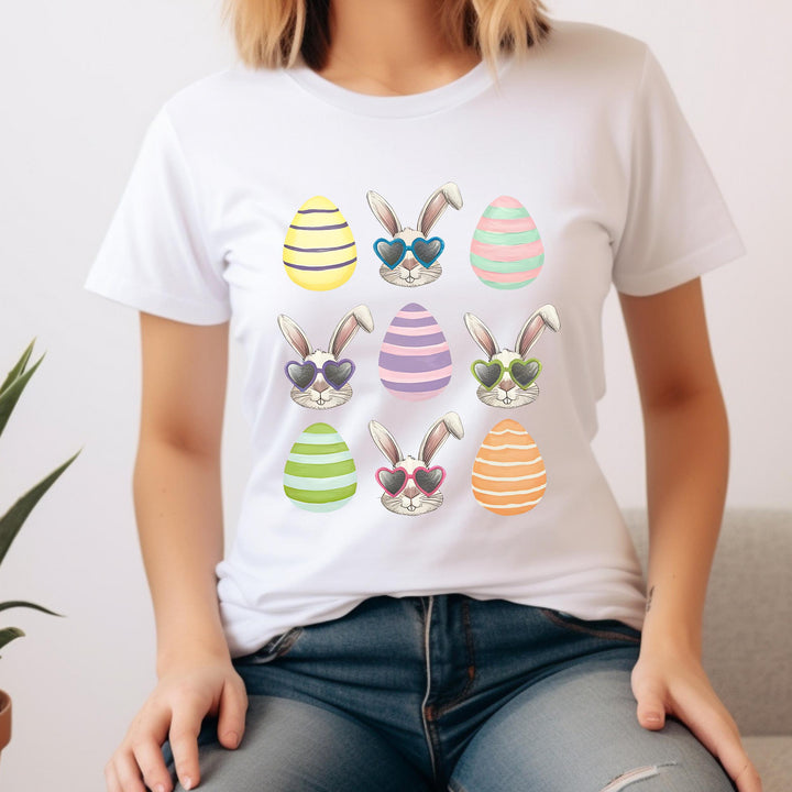 Coquette Easter Bunny Egg DTF heat transfer featuring pastel-striped eggs and stylish bunnies in sunglasses, ready to press on t-shirts