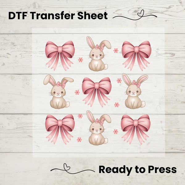Soft pastel Easter Bunny design featuring delicate pink bows and a stylish coquette aesthetic for feminine apparel.