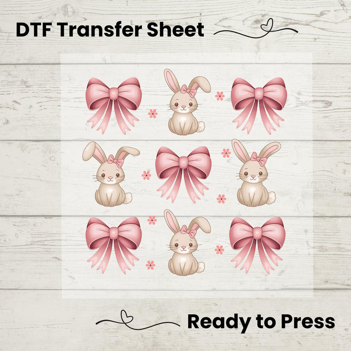 Soft pastel Easter Bunny design featuring delicate pink bows and a stylish coquette aesthetic for feminine apparel.