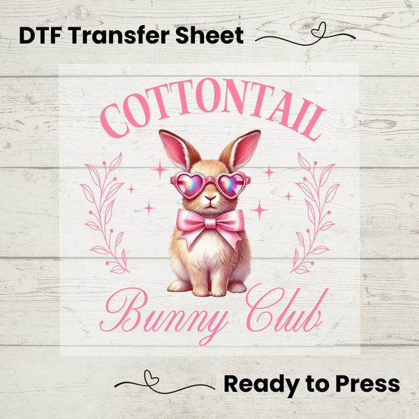 Cottontail Bunny Club DTF heat transfer featuring a pastel bunny with heart sunglasses and a pink bow, ready to press on t-shirts
