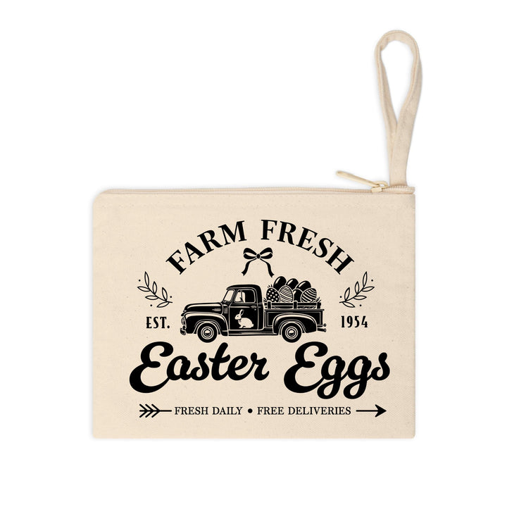 Minimalist farmhouse Easter transfer featuring a vintage pickup truck, festive eggs, and rustic lettering.