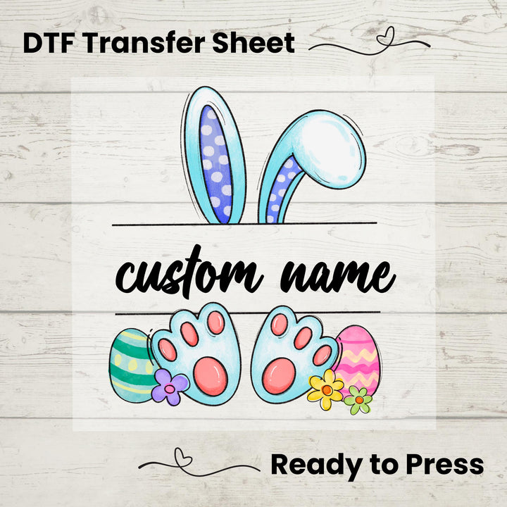Personalized bunny ears Easter heat transfer with space for custom text, perfect for kids and family matching outfits.