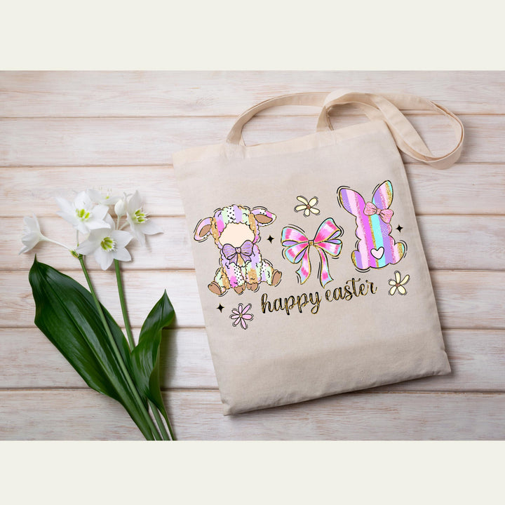 Cute pastel bunny and lamb Easter heat transfer with pink bow details and soft spring tones, perfect for DIY apparel
