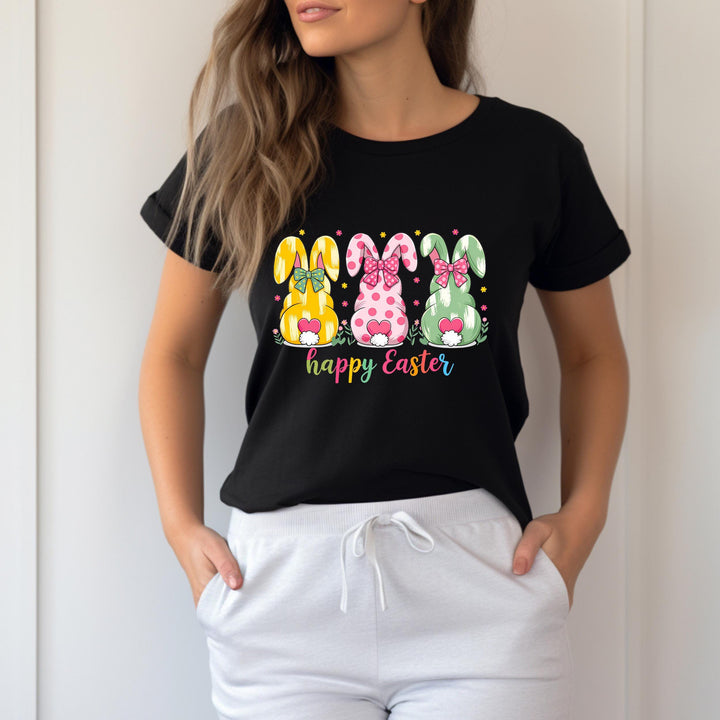 Ready-to-press Easter DTF transfer featuring three pastel bunnies with bows and festive rainbow-colored lettering.