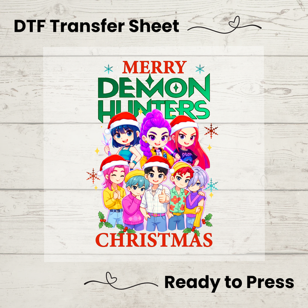 Merry Demon Hunters Christmas DTF Transfer | Anime Holiday Shirt Design | Ready to Press Heat Transfer