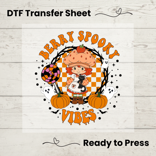 Strawberry Shortcake Cartoon DTF Transfer Sheet: Ready to Press, DIY T-Shirt, Spooky Vibes Tee